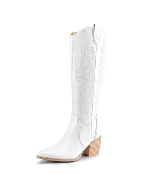 DREAM PAIRS Womens White Cowboy Boots Wide Calf Knee High Boots Ladies